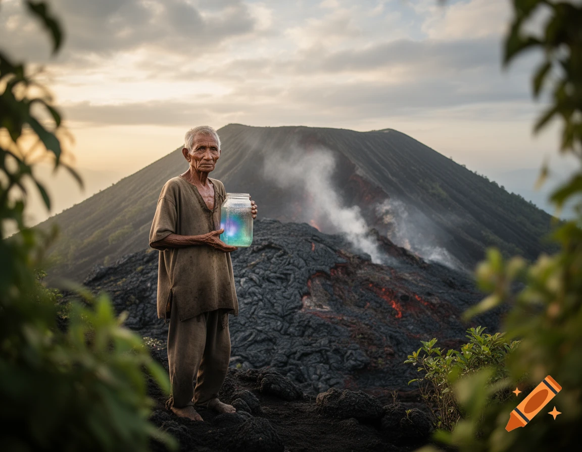 An old man in simple clothes holds a glowing jar on a dark, rocky landscape with a smoking volcano and flowing lava in the background at sunset.