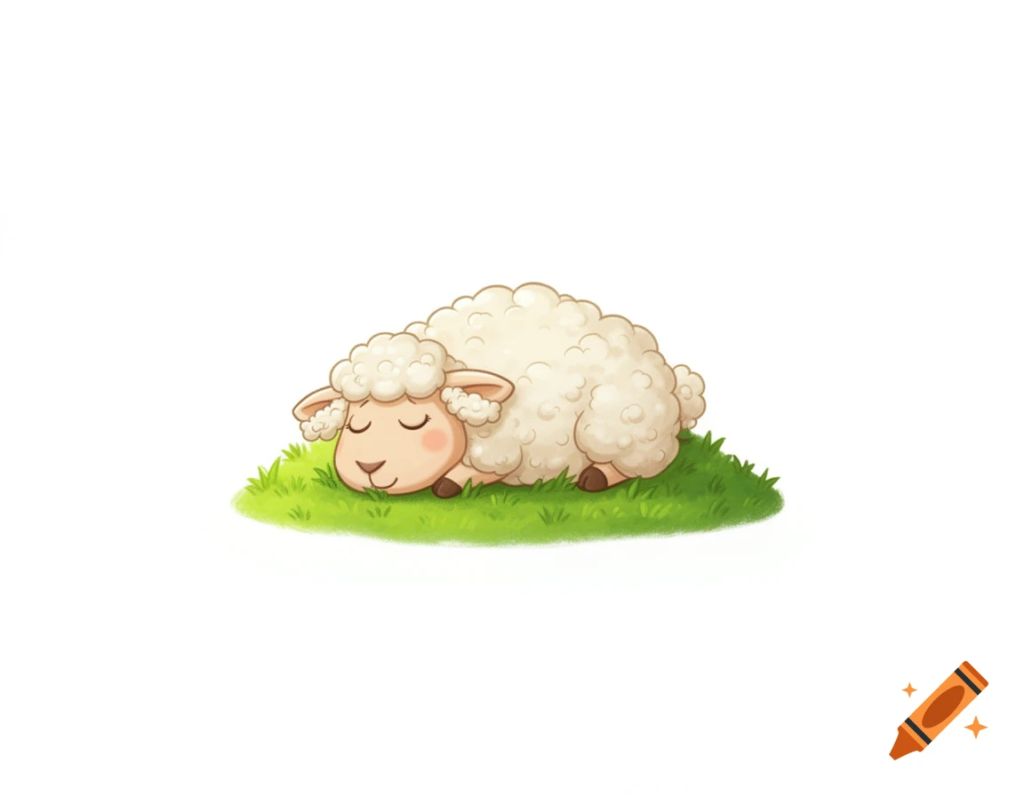 A cute cartoon sheep character sleeping on a patch of green grass against a white background.