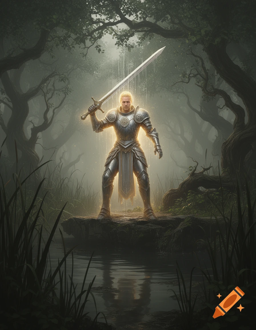 A paladin in glowing armor holds a two-handed sword above his head in a dark, misty forest by a murky pool.