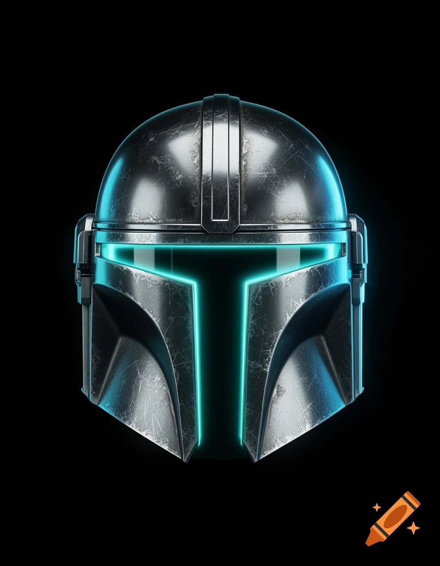 Photorealistic weathered Mandalorian beskar helmet with a glowing cyan T-visor against a black background.