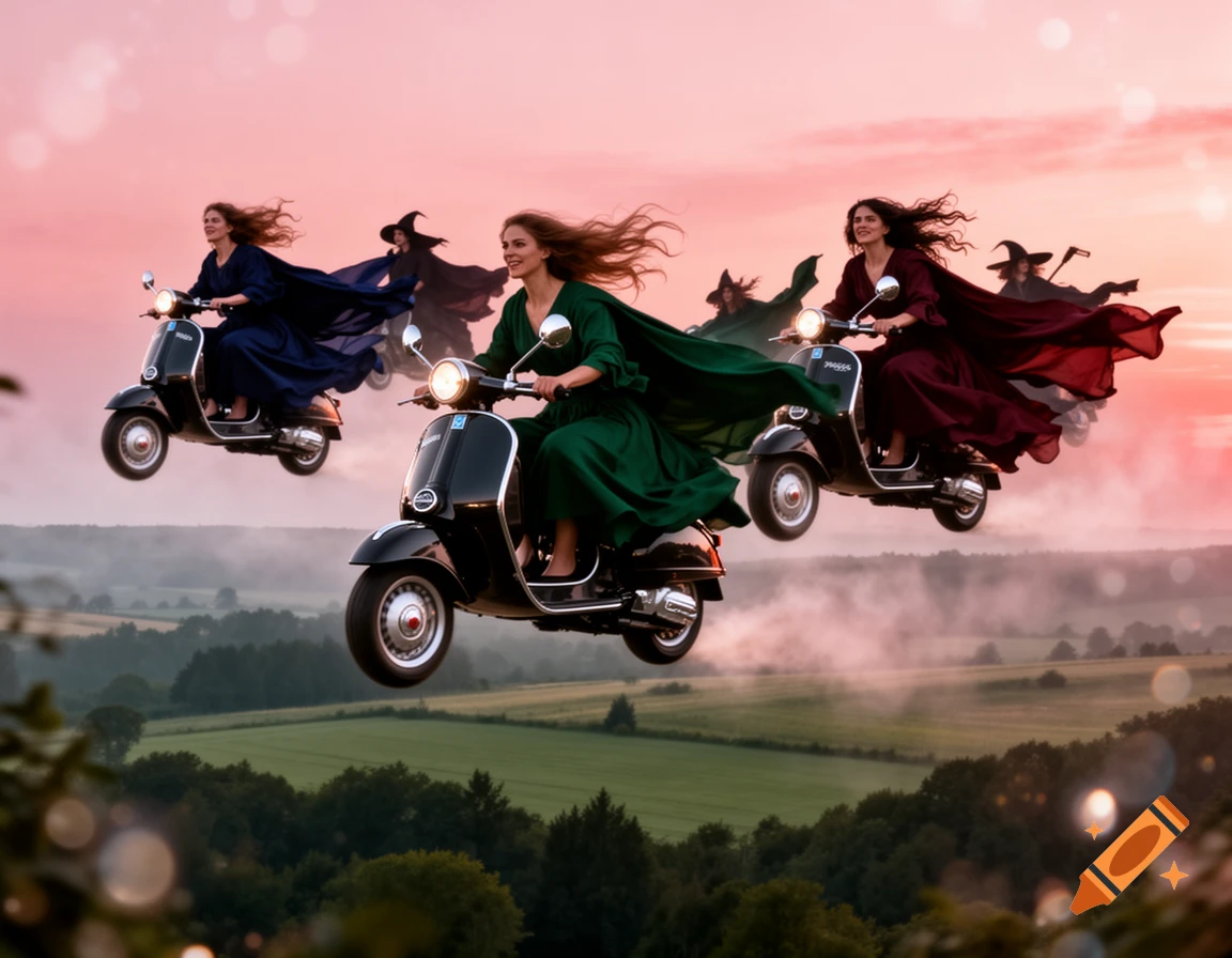 Witches in flowing robes fly on black scooters against a pink and orange sunset sky over a misty green landscape.