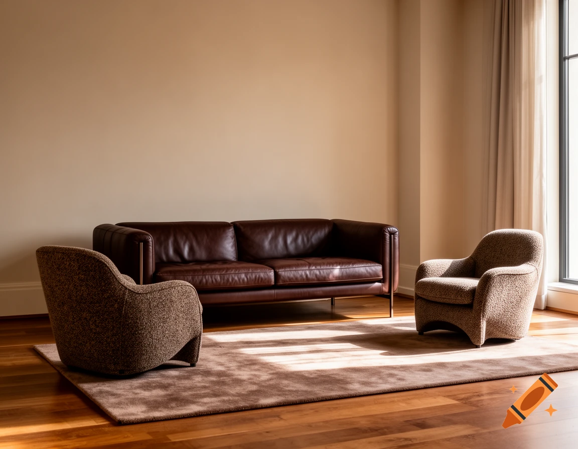 Photorealistic living room with a brown leather sofa, two textured armchairs, and a brown rug on a wooden floor.