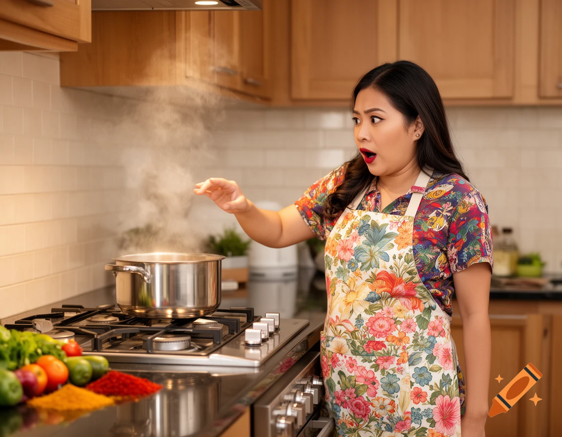 A Filipino woman in a floral apron reacts with surprise while cooking, with steam rising from a pot on a modern stove in a kitchen.