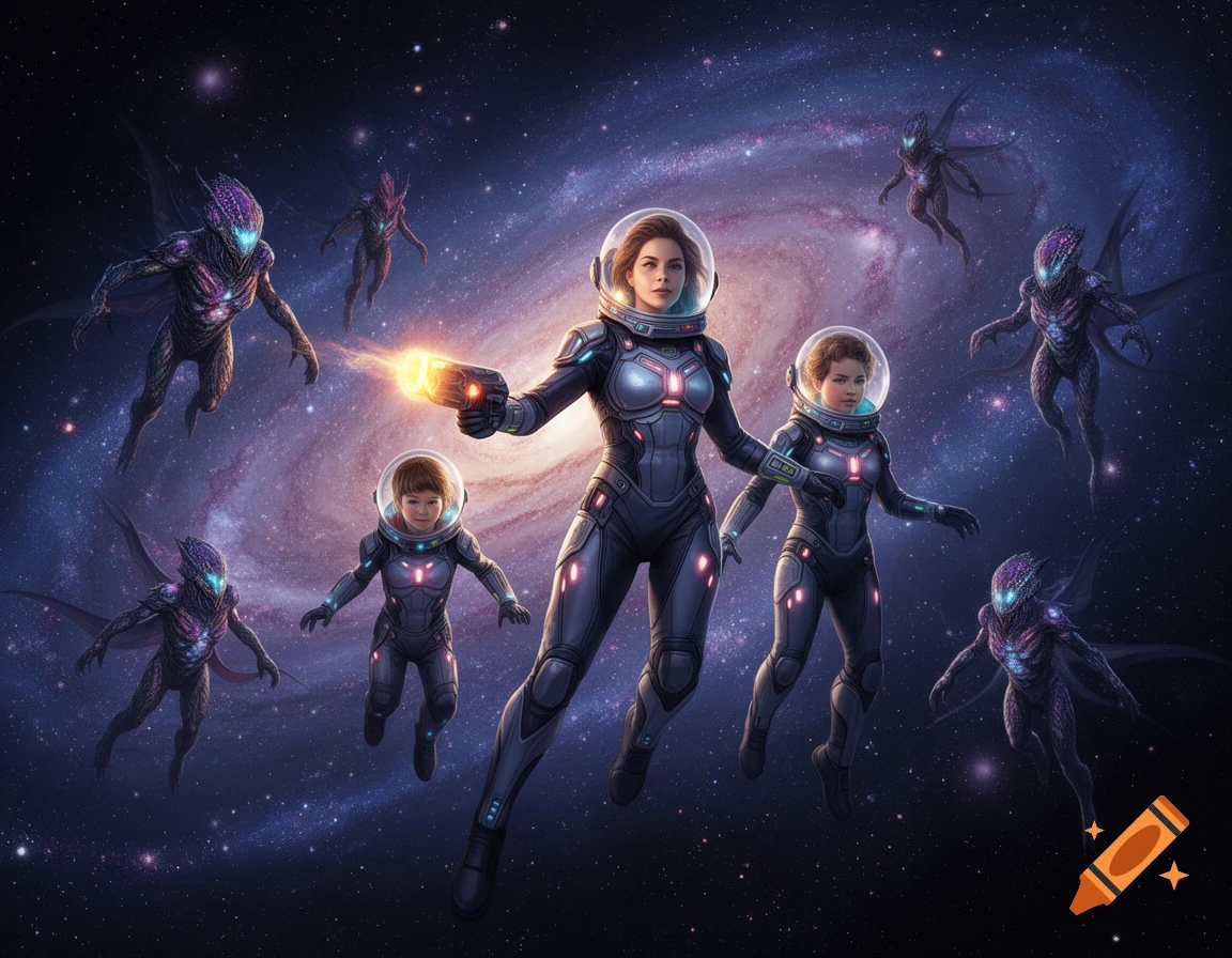 A woman and two children in astronaut suits battle alien creatures in space with a galaxy in the background, sci-fi art.
