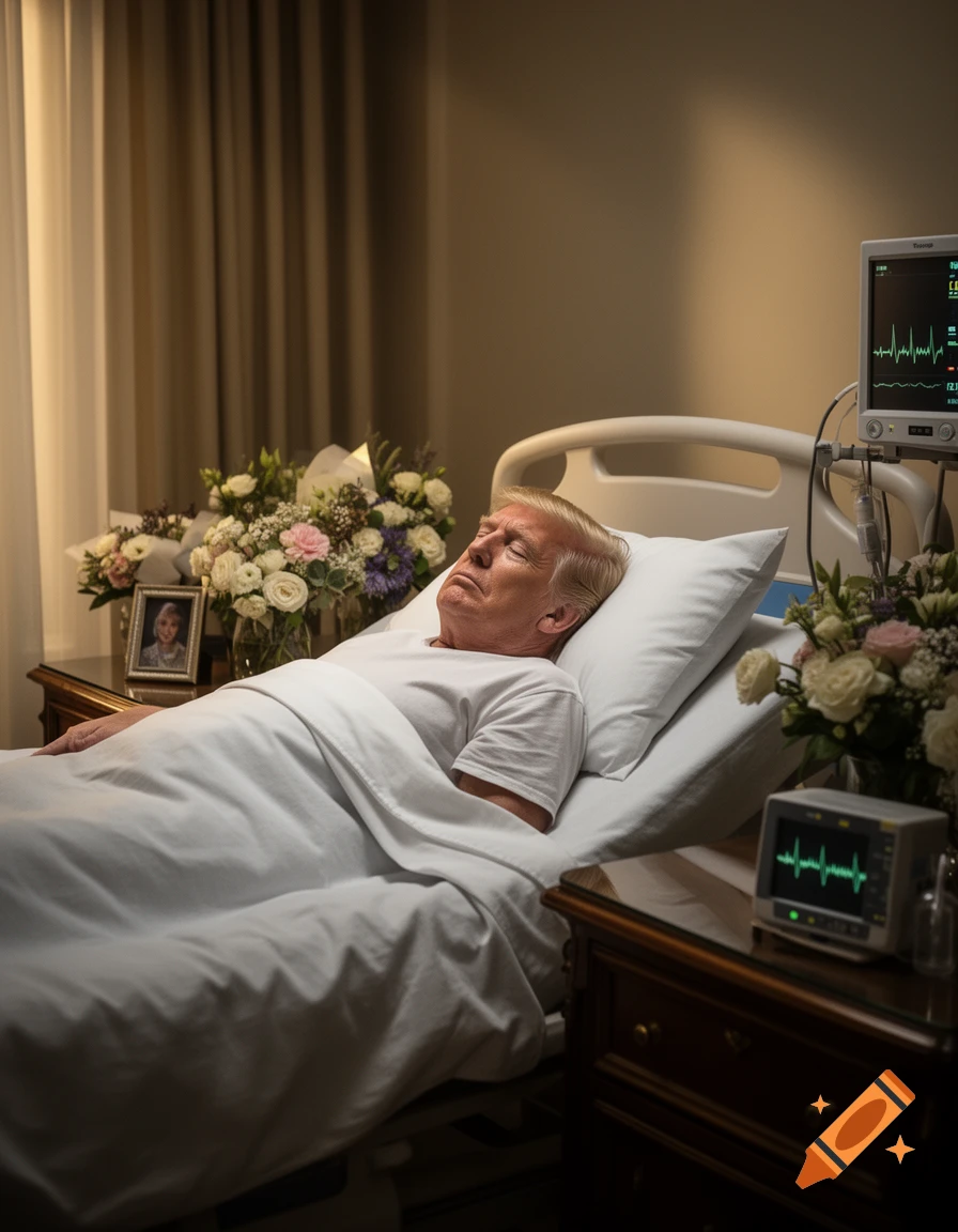 Donald Trump lies in a hospital bed with flowers and medical monitors nearby, a portrait of a child on the nightstand.