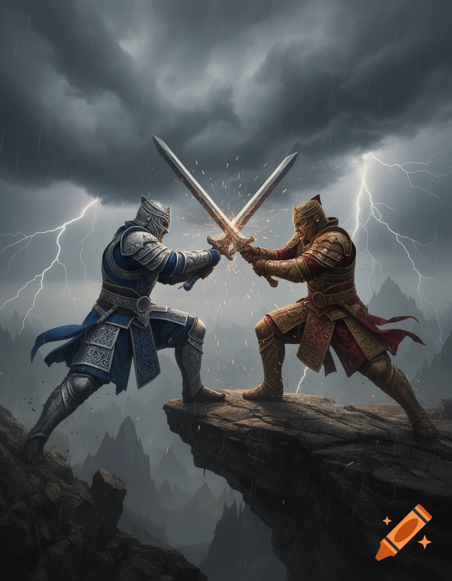 Two armored knights clash swords atop a rocky cliff during a stormy, lightning-filled night over mountains.