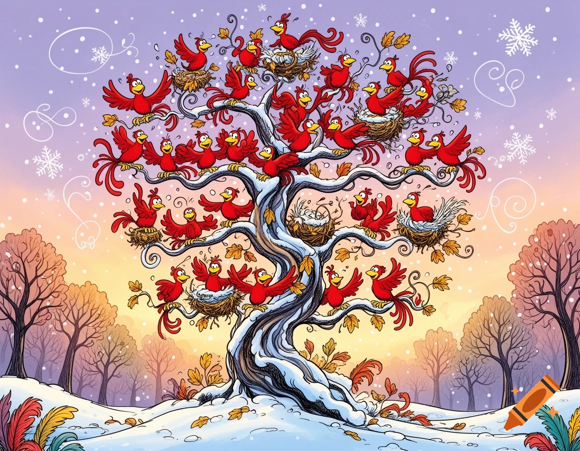 Cartoon red birds perch in a snow-covered tree with nests, set in a whimsical Dr. Seuss-style winter forest with falling snow.