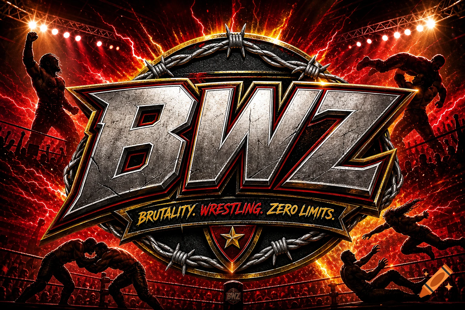 A dynamic wrestling logo with cracked metallic letters 'BWZ' surrounded by barbed wire, set against a fiery red background with lightning and silhouettes of wrestlers in action. Below the main logo reads: 'BRUTALITY. WRESTLING. ZERO LIMITS.'