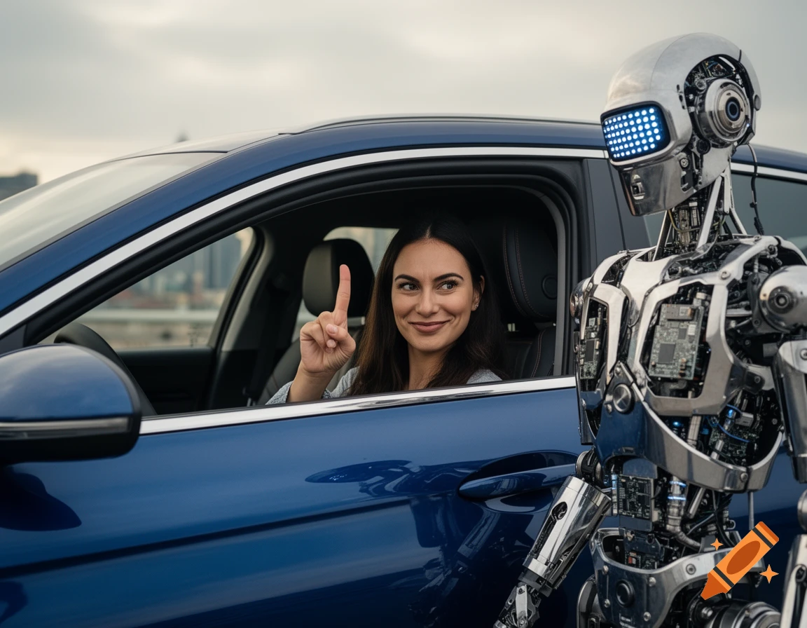 A woman in a blue car points her index finger upwards, looking at a tall, chrome humanoid robot standing beside the car. Photorealistic.