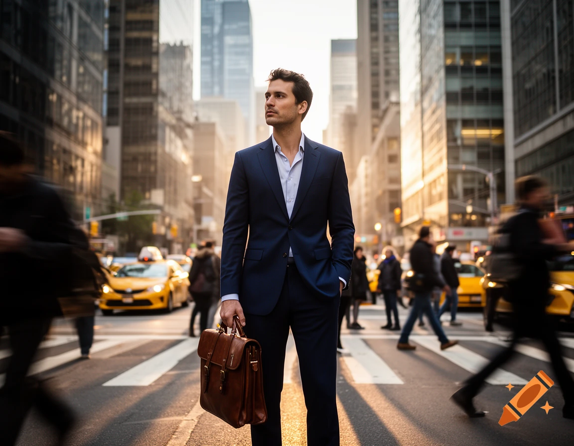 A well-dressed man in a suit stands in a busy city street, holding a briefcase, with blurry people and yellow cabs around him.