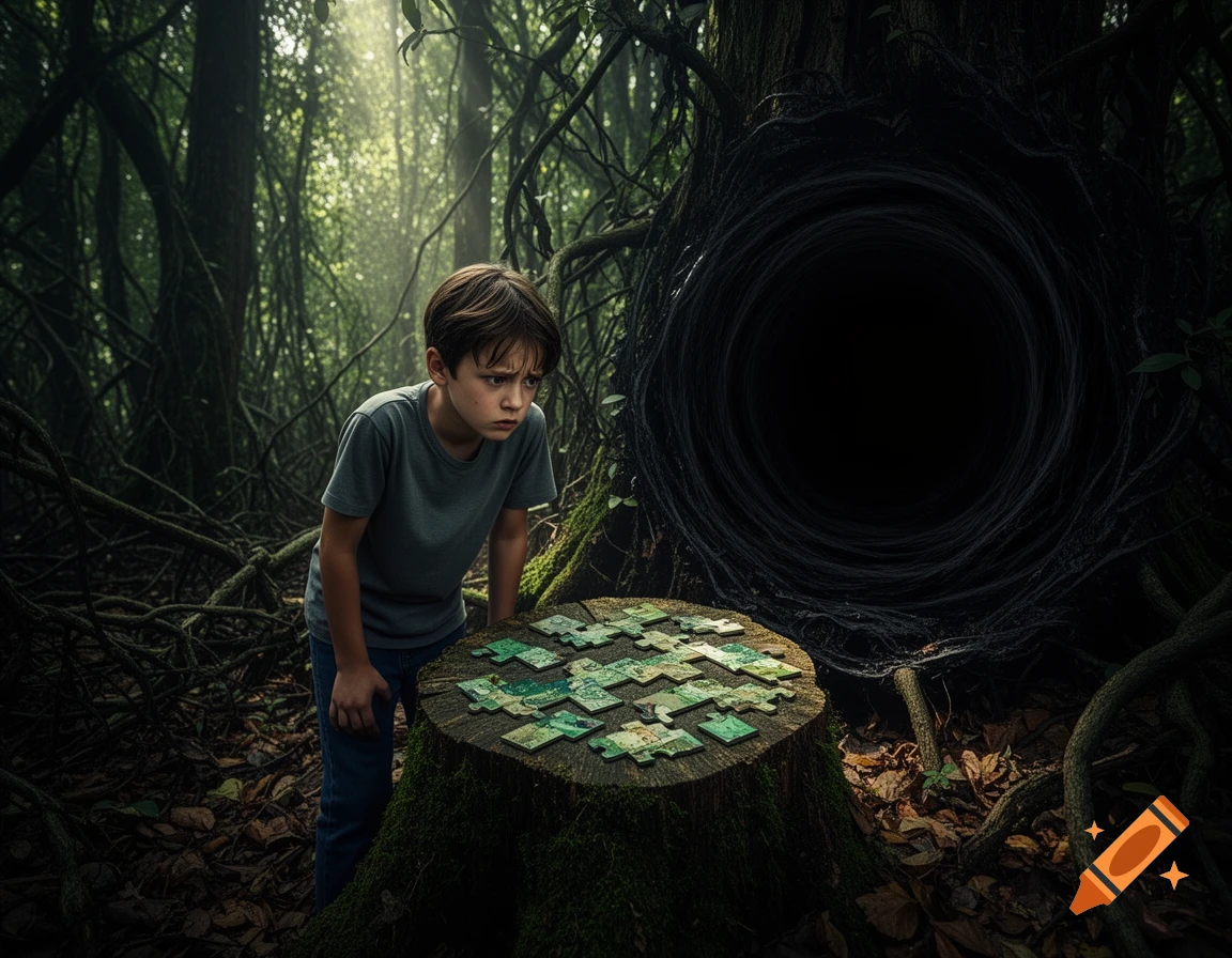 A worried boy looks at a puzzle on a mossy tree stump in a dark, overgrown forest, next to a black void in a tree trunk.