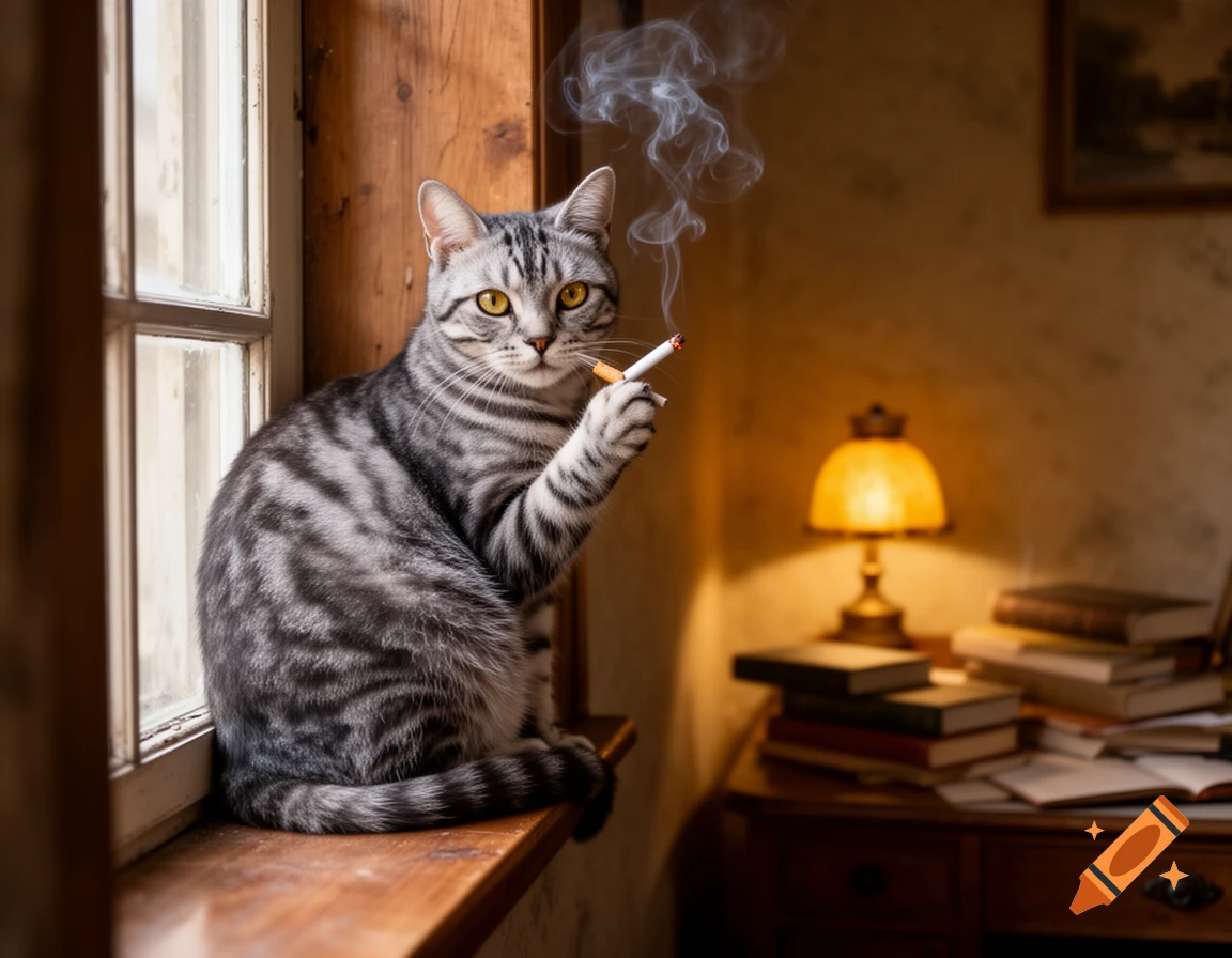 A photorealistic tabby cat sits on a window sill, holding a lit cigarette in its paw with smoke rising. A cozy room with a desk, books, and lamp is behind it.
