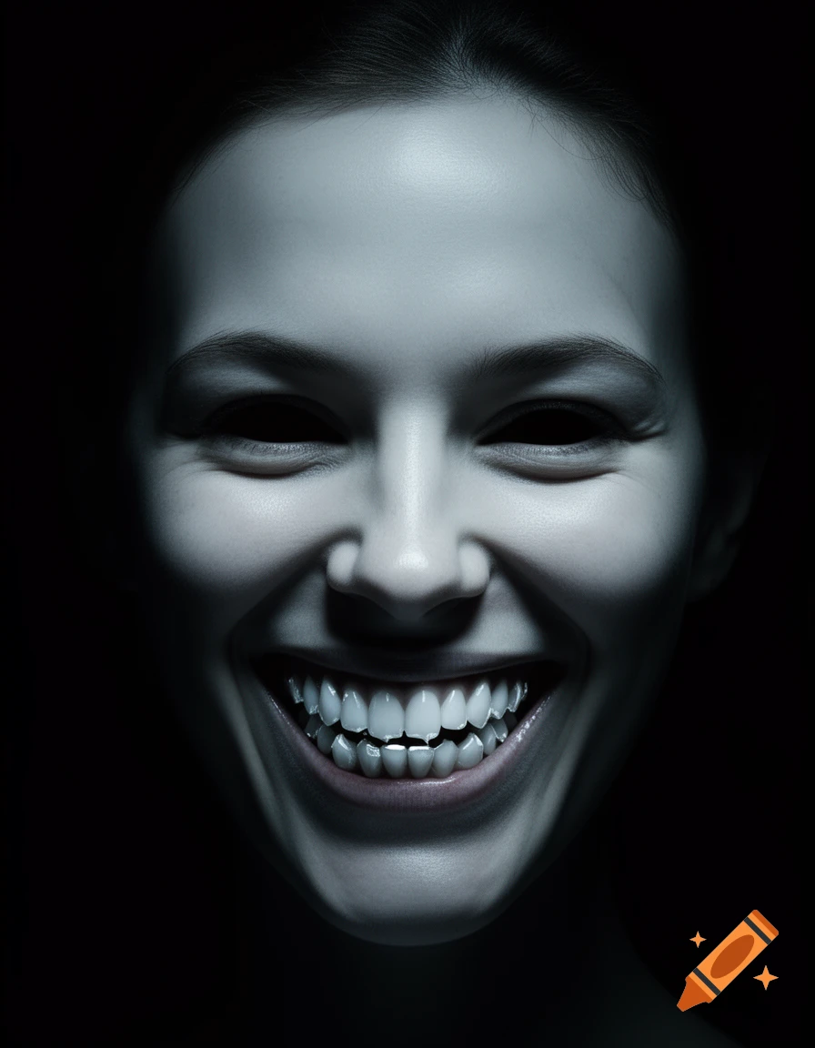 Close-up of a pale face with black voids for eyes and an unsettling wide smile revealing multiple rows of teeth, against a dark background.