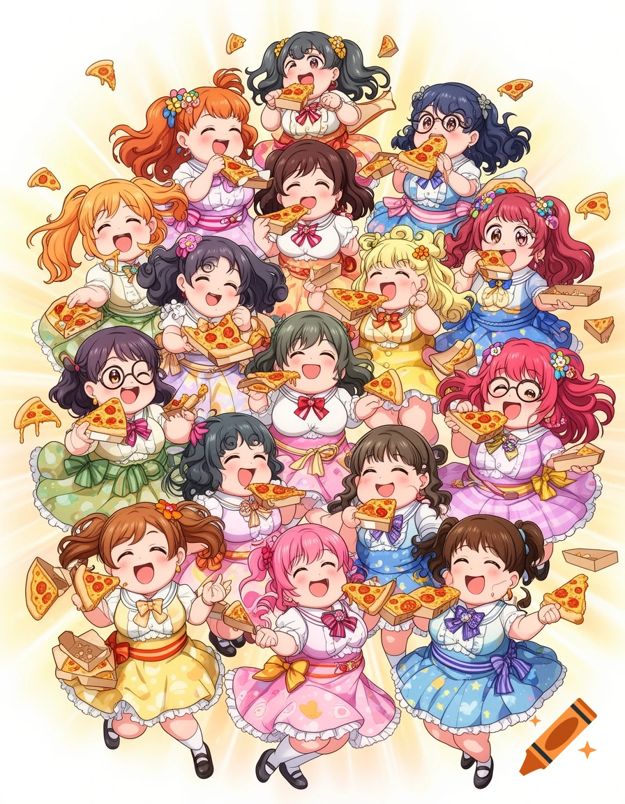Fifteen cute anime-style girls in colorful dresses happily eat pizza, surrounded by flying pizza slices.