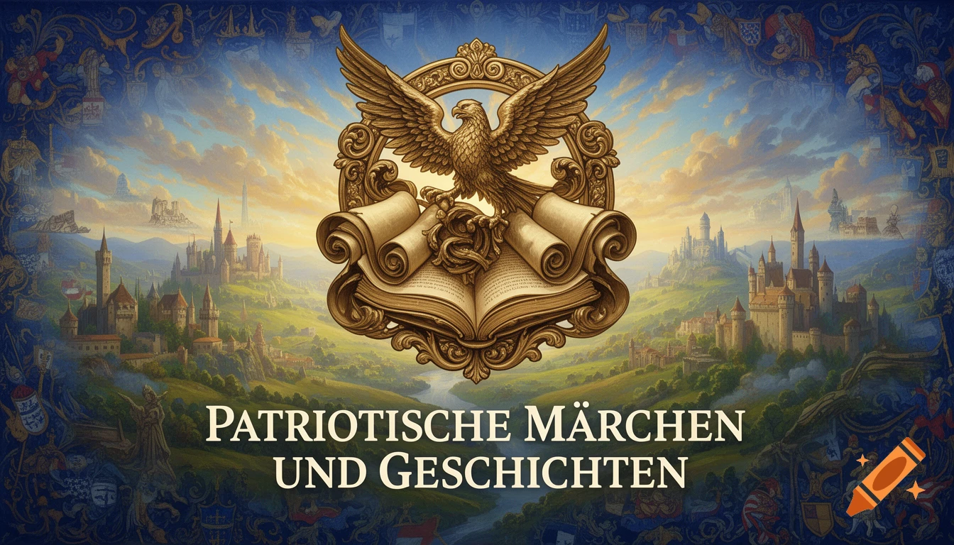 A golden, ornate crest featuring an eagle perched on an open book with scrolls, set against a majestic landscape of castles and a dramatic sky. Below, text reads "PATRIOTISCHE MÄRCHEN UND GESCHICHTEN".