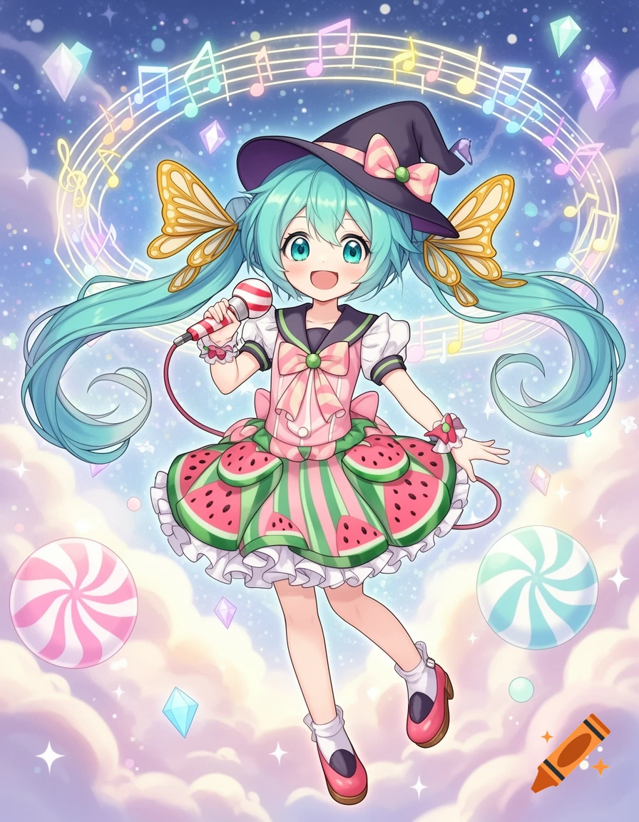Anime girl with aqua pigtails, witch hat, and watermelon dress sings into a microphone amidst musical notes and candies.