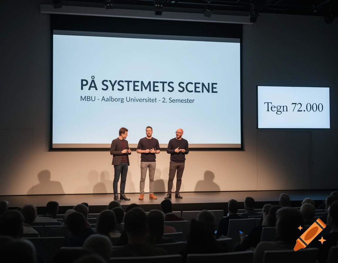 Three men present on a stage to an audience, with large screens displaying text about a university.