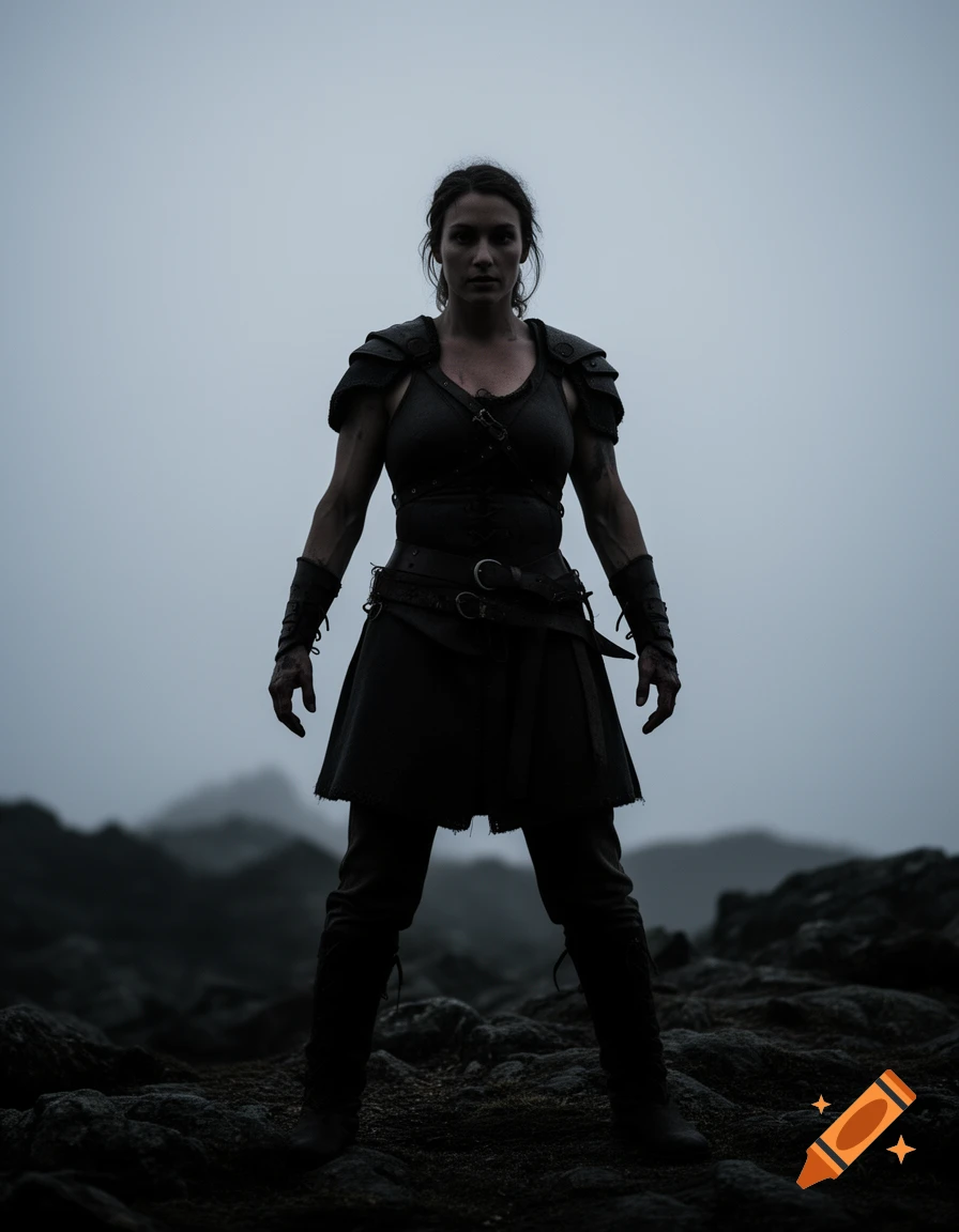 A silhouette of a female warrior in dark armor stands on a rocky, misty landscape, looking intently forward. Photorealistic.