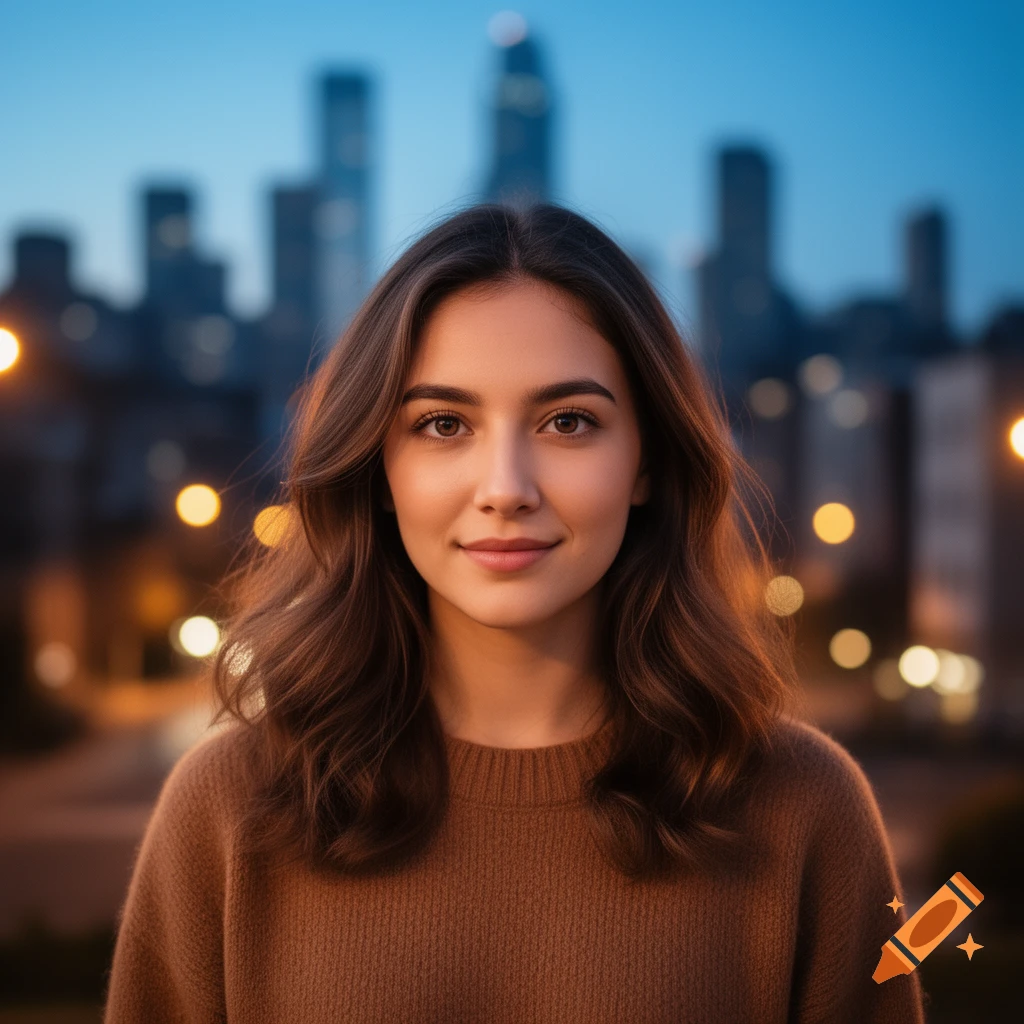 A young woman with brown hair smiles softly against a blurred city skyline at dusk, wearing a brown sweater.
