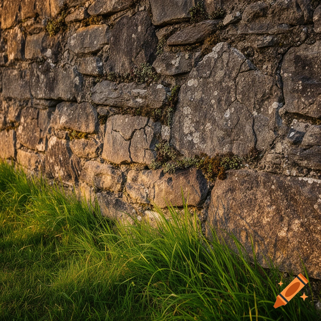 Rustic stone wall covered in moss and lichen with vibrant green grass at its base, bathed in warm sunlight.