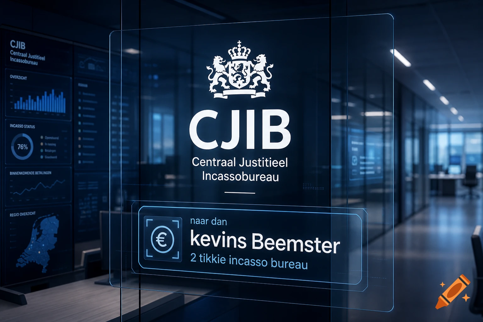 Holographic display in a modern office showing the Dutch CJIB logo, financial data, and payment details.