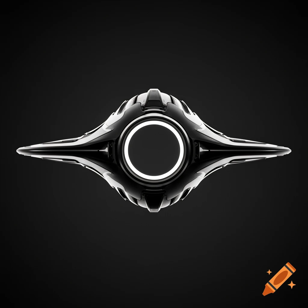 A sleek, black and white futuristic drone with a glowing white circular ring in its center, set against a dark background.