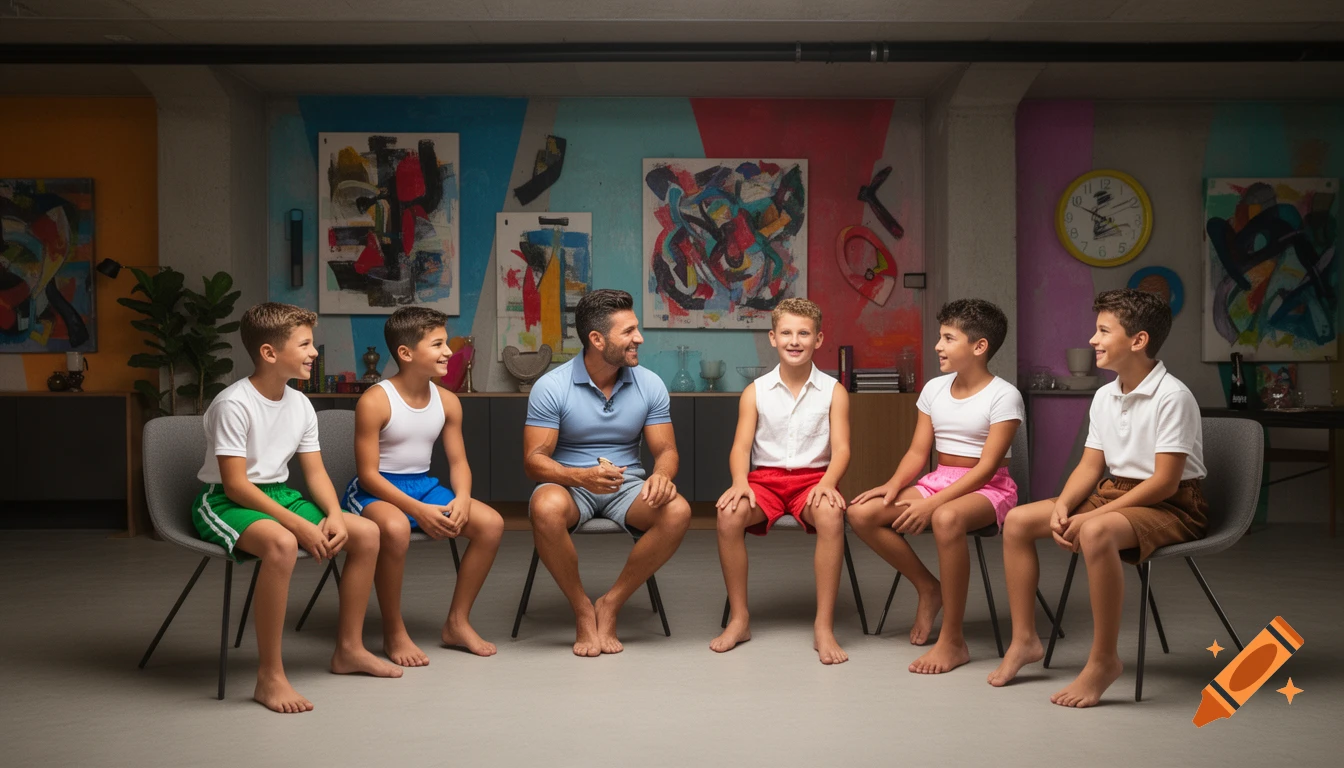 A man in a polo shirt and shorts sits with five boys in a room with colorful abstract art, all smiling and barefoot.
