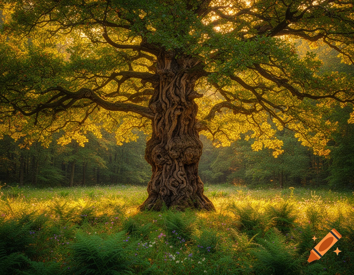 A majestic, gnarled ancient tree with lush green and golden leaves bathed in sunlight, standing in a vibrant forest clearing.