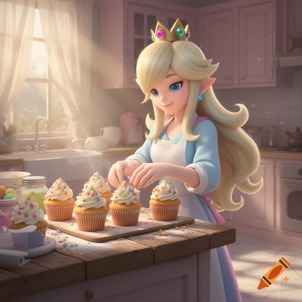 Cartoon Princess Rosalina decorates cupcakes with sprinkles in a bright, cozy kitchen.