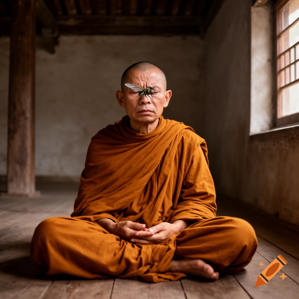 A bald monk in orange robes sits meditating with a large fly on his face, in a dimly lit, rustic room.