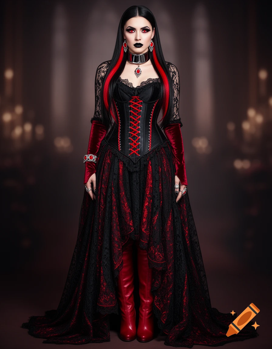 Full-body portrait of a woman in a gothic black lace gown with red accents, a black corset, red boots, and red-streaked hair.
