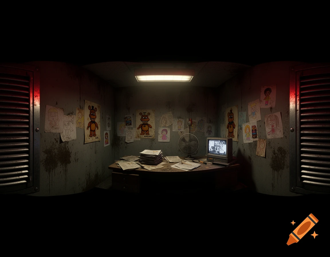 A dark, grungy office from Five Nights at Freddy's, with a messy desk, old monitor, fan, and children's drawings on the walls.