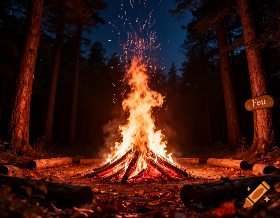 Photorealistic image of a large, roaring campfire with sparks flying into the night sky, surrounded by tall trees and a sign reading "Feu".
