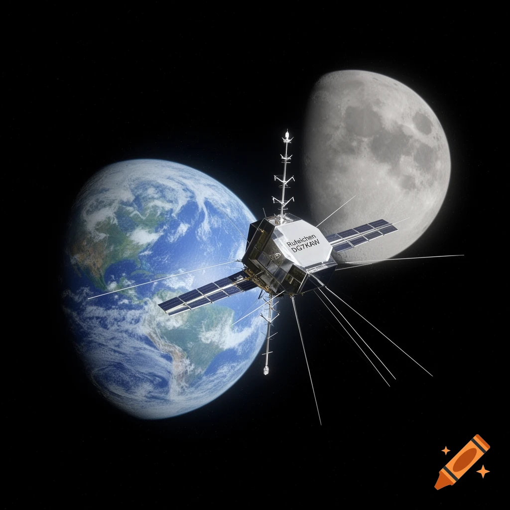 Photorealistic satellite with antennas and solar panels orbiting Earth and the Moon in dark space.