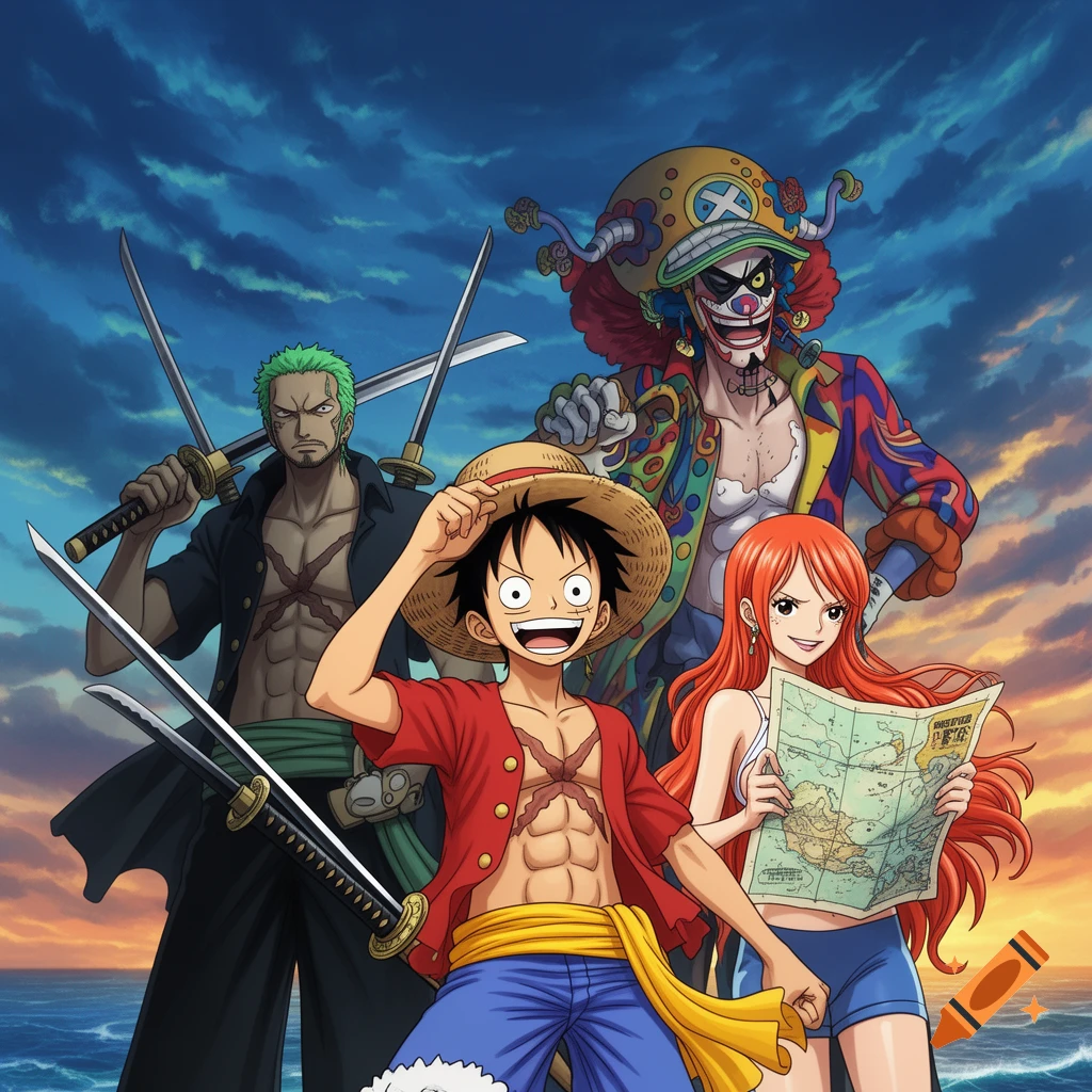 One Piece characters Luffy, Zoro, Captain Buggy, and Nami stand on a beach at sunset. Luffy smiles, Nami holds a map.