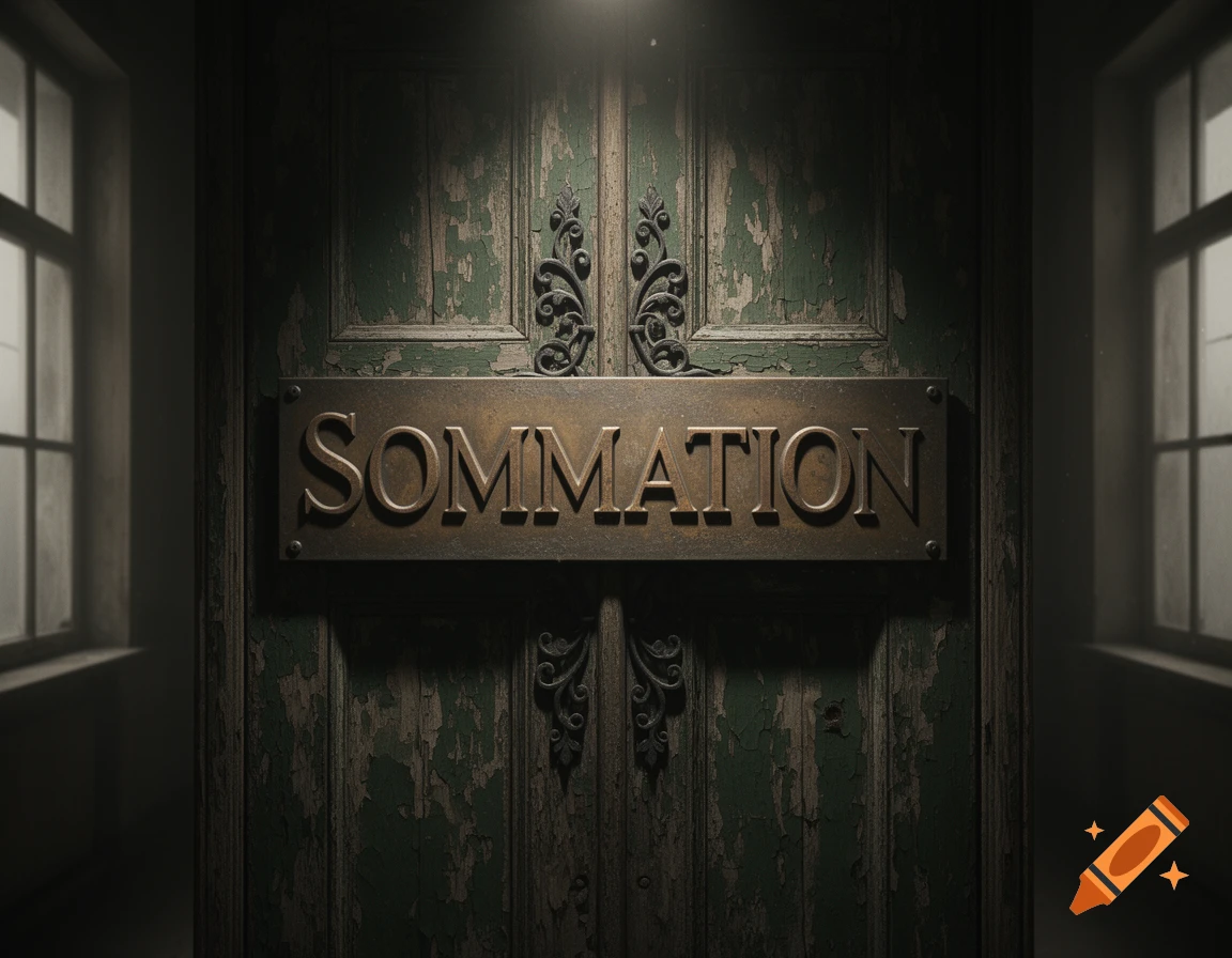 An old, weathered green door with a brass 'SOMMATION' plaque, flanked by windows, illuminated by a spotlight.