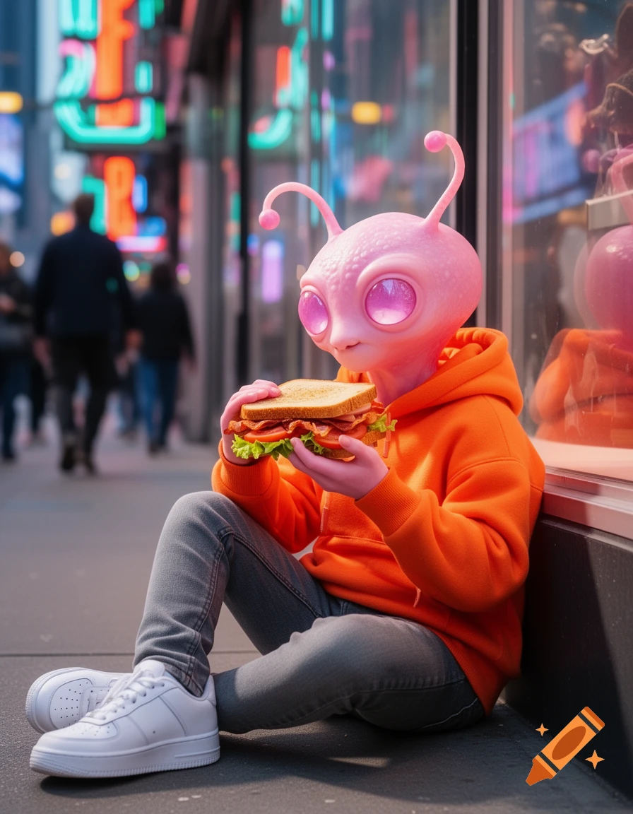 Pink alien with large eyes, wearing an orange hoodie, gray jeans, and white sneakers, sitting on a city street and eating a BLT sandwich.