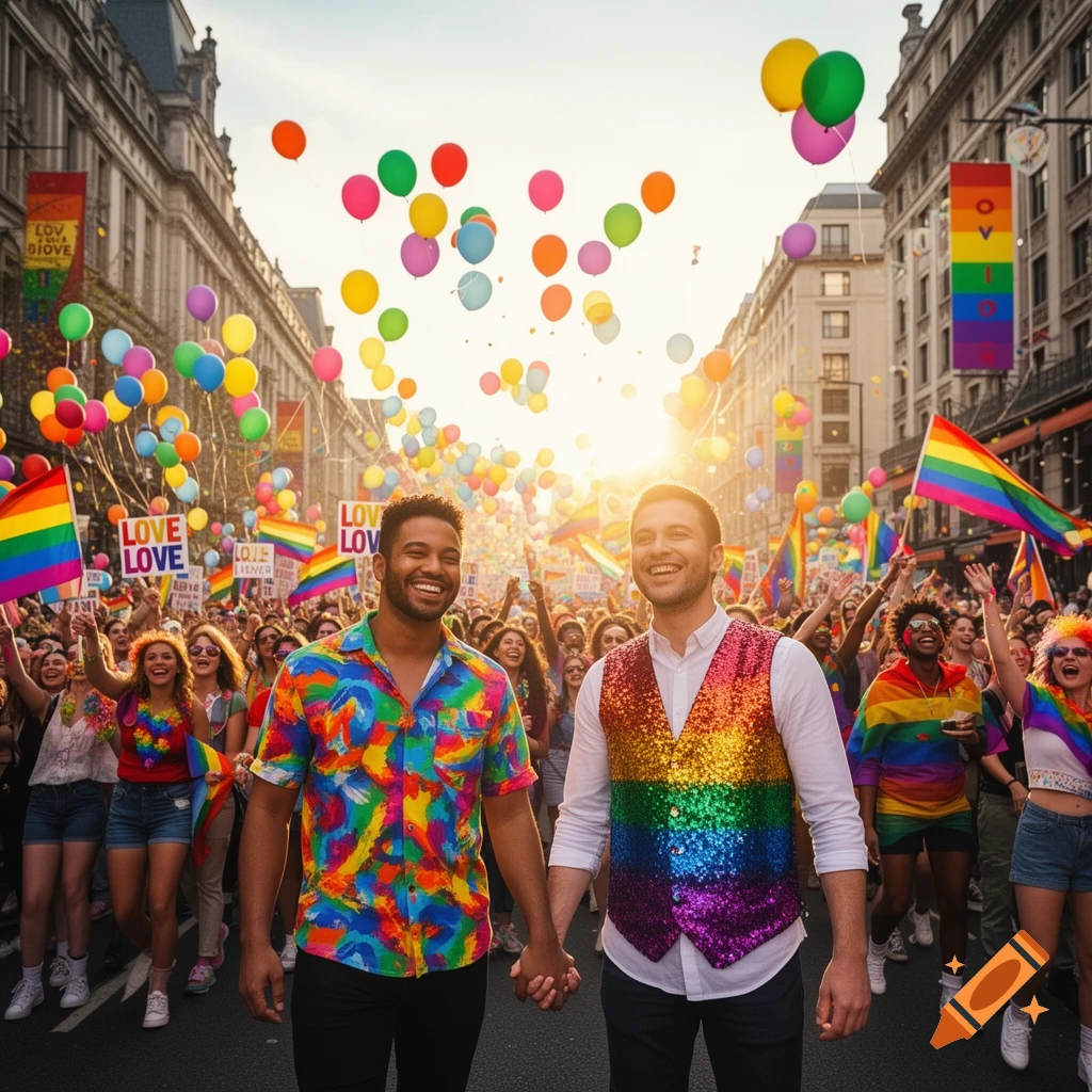 Two smiling men holding hands at a vibrant Pride parade, surrounded by a joyful crowd, rainbow flags, and colorful balloons under a sunny sky.