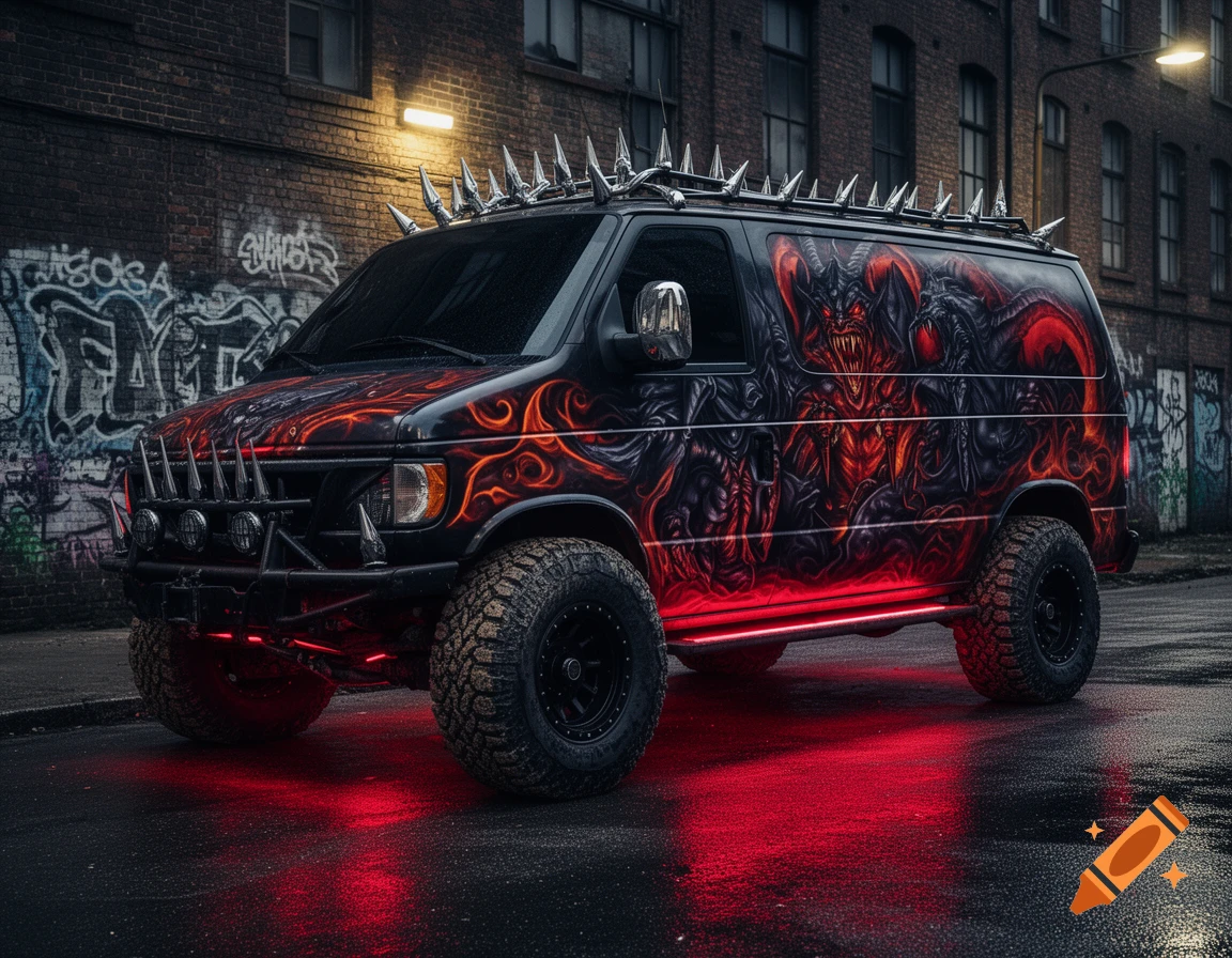 A black custom van with spikes, red underglow, and demonic murals of red and black creatures, parked on a wet street against a graffiti-covered brick wall.