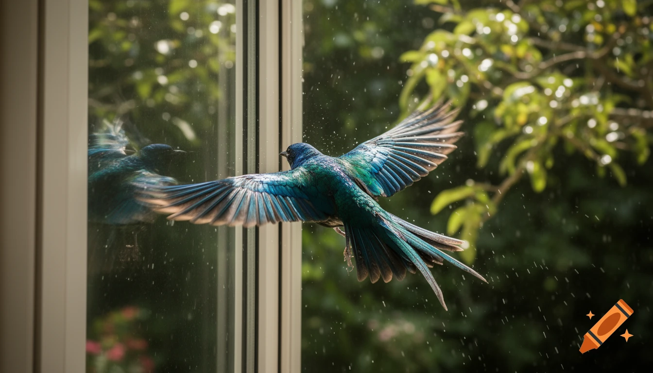A vibrant iridescent bird with outstretched wings flies close to a window with water droplets, its reflection visible.