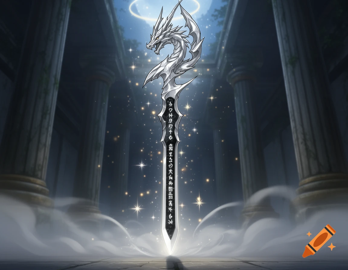 A silver dragon-hilted fantasy sword with glowing runes stands in a misty, pillared temple under a haloed sky, anime style.