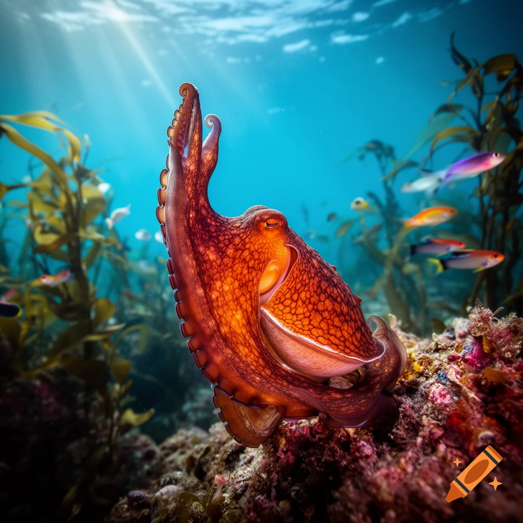 Vibrant orange octopus performing a Mr. Spock greeting underwater among coral, kelp, and small fish with sunlight streaming down.