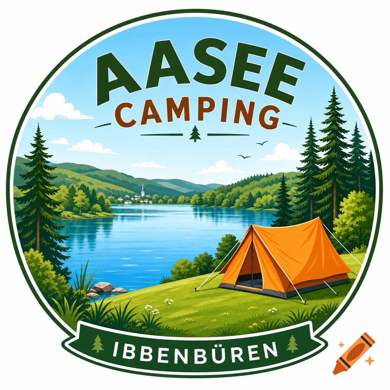 A circular camping logo illustration featuring a serene lake, green hills, an orange tent, and a village, with text "AASEE CAMPING" and "IBBENBÜREN".