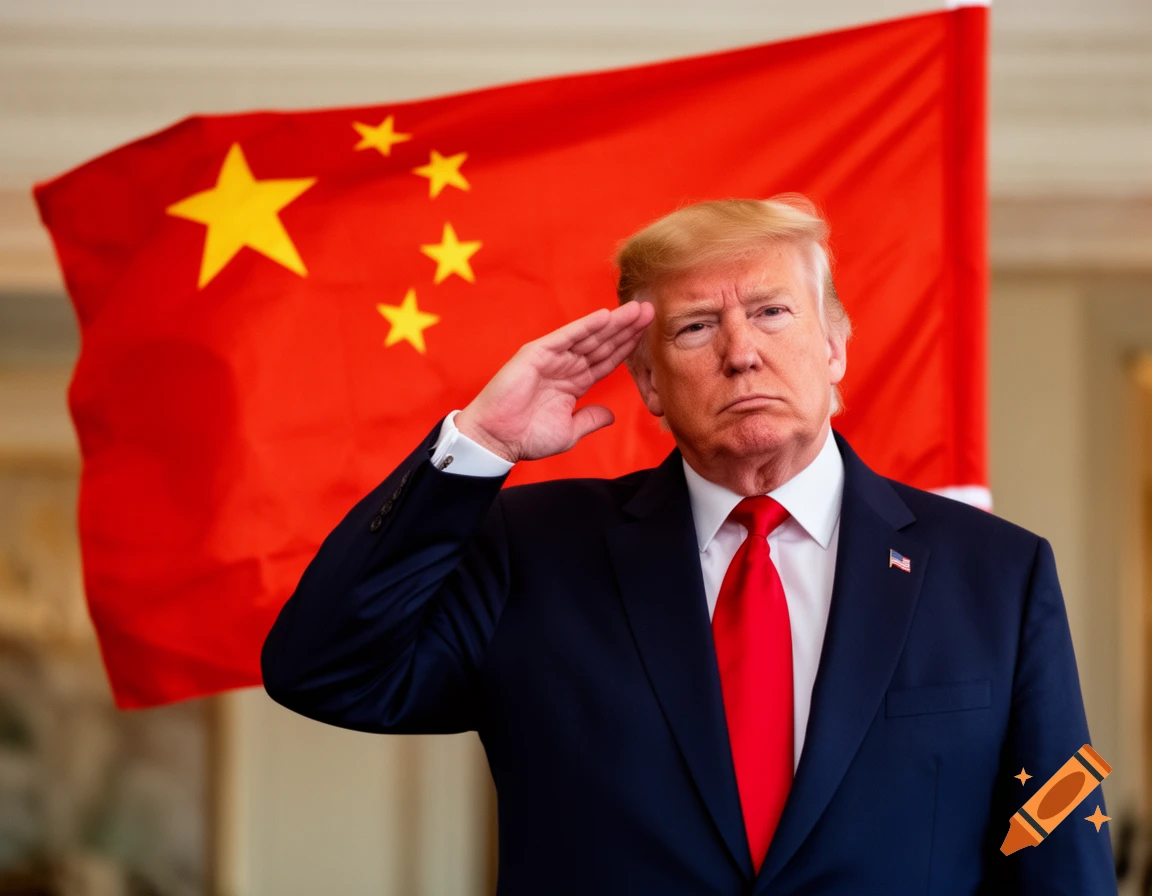 Donald Trump in a suit and red tie salutes in front of a large, red Chinese flag with five yellow stars. Photorealistic.