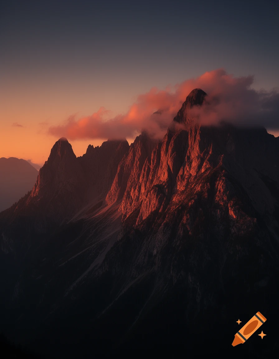 Dramatic mountain peaks illuminated by an orange sunset, with dark shadows and clouds.