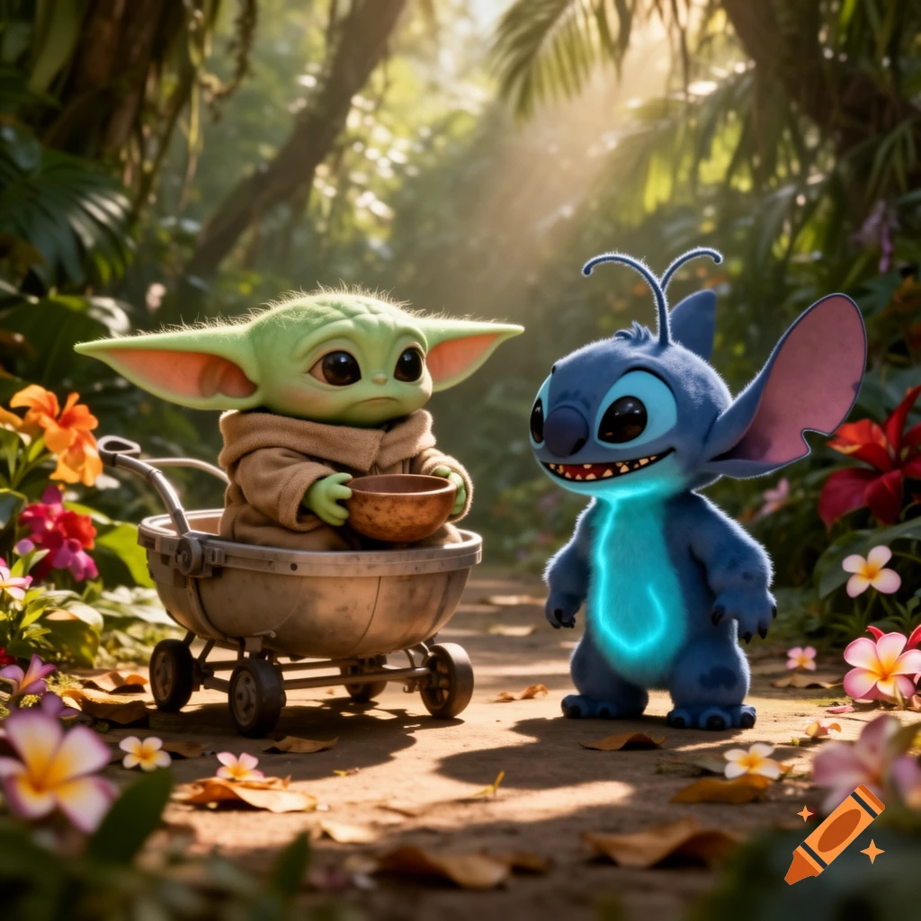Grogu in a stroller and Stitch stand on a dirt path in a lush jungle with colorful flowers, bathed in sunlight.