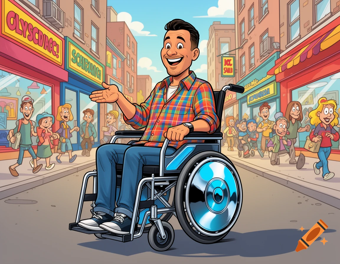 A cartoon man in a wheelchair smiles and gestures on a busy city street with shops and pedestrians.