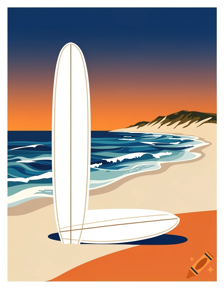 Minimalist vector illustration of a beach at sunset with two white surfboards forming an 'L' shape on the sand, with ocean waves and dunes.