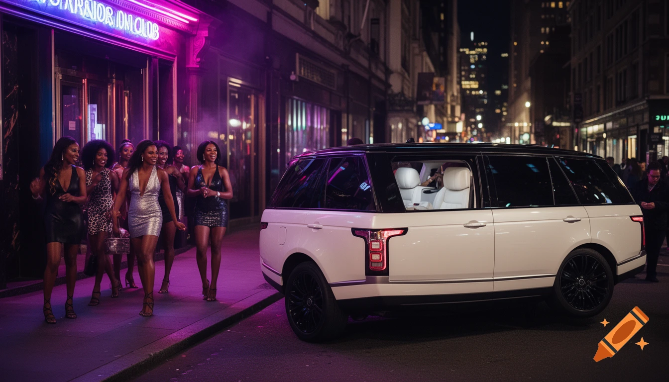 A white Range Rover is parked on a city street at night as a group of women in dresses walk past a club with a neon sign.