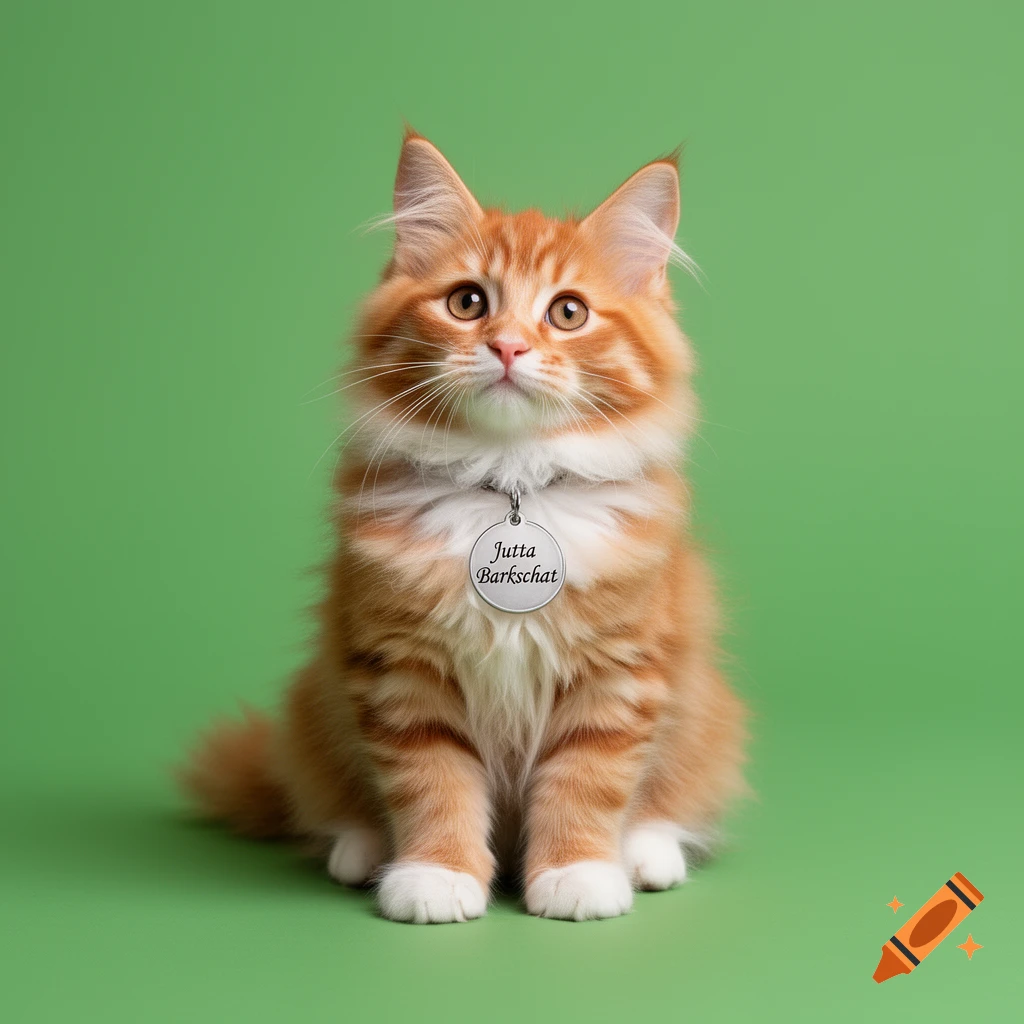 A fluffy ginger kitten with a collar tag reading "Jutta Barkschat" sits against a plain green background, looking up.